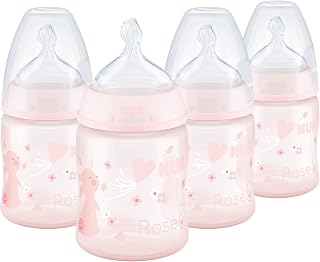NUK Smooth Flow Anti-Colic Baby Bottles 5oz 4-Pack Pink Bunnies - Flow Control Nipple, SafeTemp Indicator