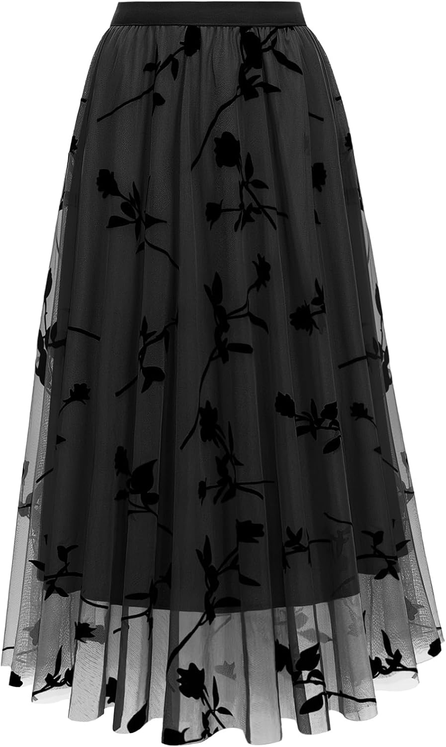 Skirts for Women Tulle Midi Long Length Pleated Skirt Summer A-Line Floral Dressy Trendy High Waist Flowy Skirts