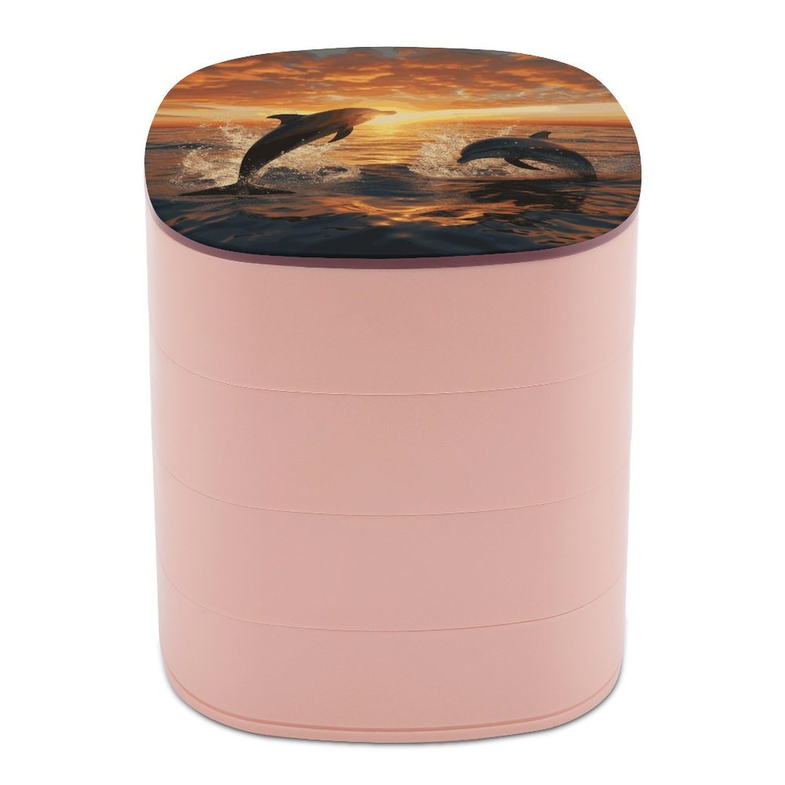 JTREHY Dolphins Jumping Out of The Water at Sunset Jewelry Box 4-Layer Covered Rotating Jewelry Storage Box Large Capacity Storage Boxes Portable Jewelry Case for Bracelets Earrings Necklace