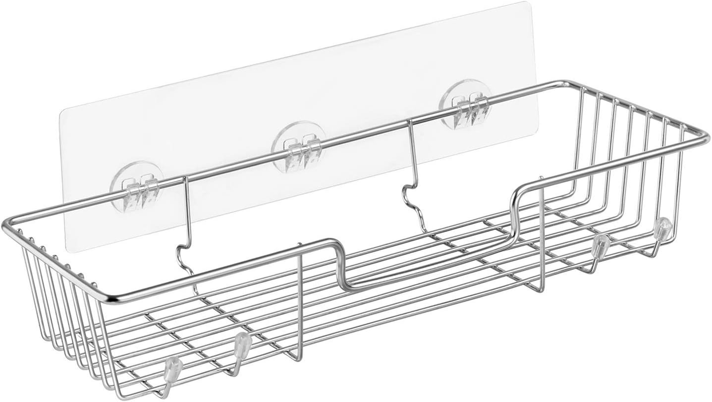 SANNO Adhesive Shower Caddy Bathroom Shelf Storage with hooks Combo Organizer Basket, Bathroom Accessories for Shampoo Conditioner,No Drilling Wall Mounted- Rustproof Stainless Steel