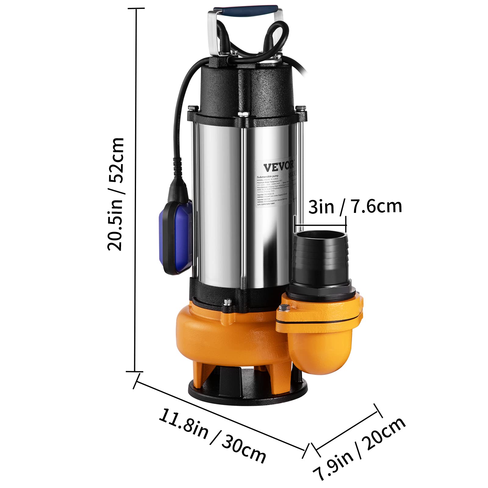 VEVOR Schmutzwasserpumpe mit var. Schwimmerschalter Tauchpumpe 2200W Gartenpumpe Durchfluss 60000L/h Schmutzwassertauchpumpe max. Hub 18m Wasserpumpe IPX8 Ideal zum Pumpen von Wasser