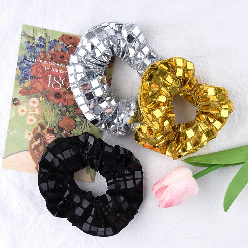 Sequin Shiny Hair Scrunchies for Women Girls Sparkly Glitter Hair Accessories for Thick Fine Hair 80s 90s Sequin Hairband for Party Prom Glitter Elastic Ponytail Holder Sequin Hairbands 3pcs - Image 2