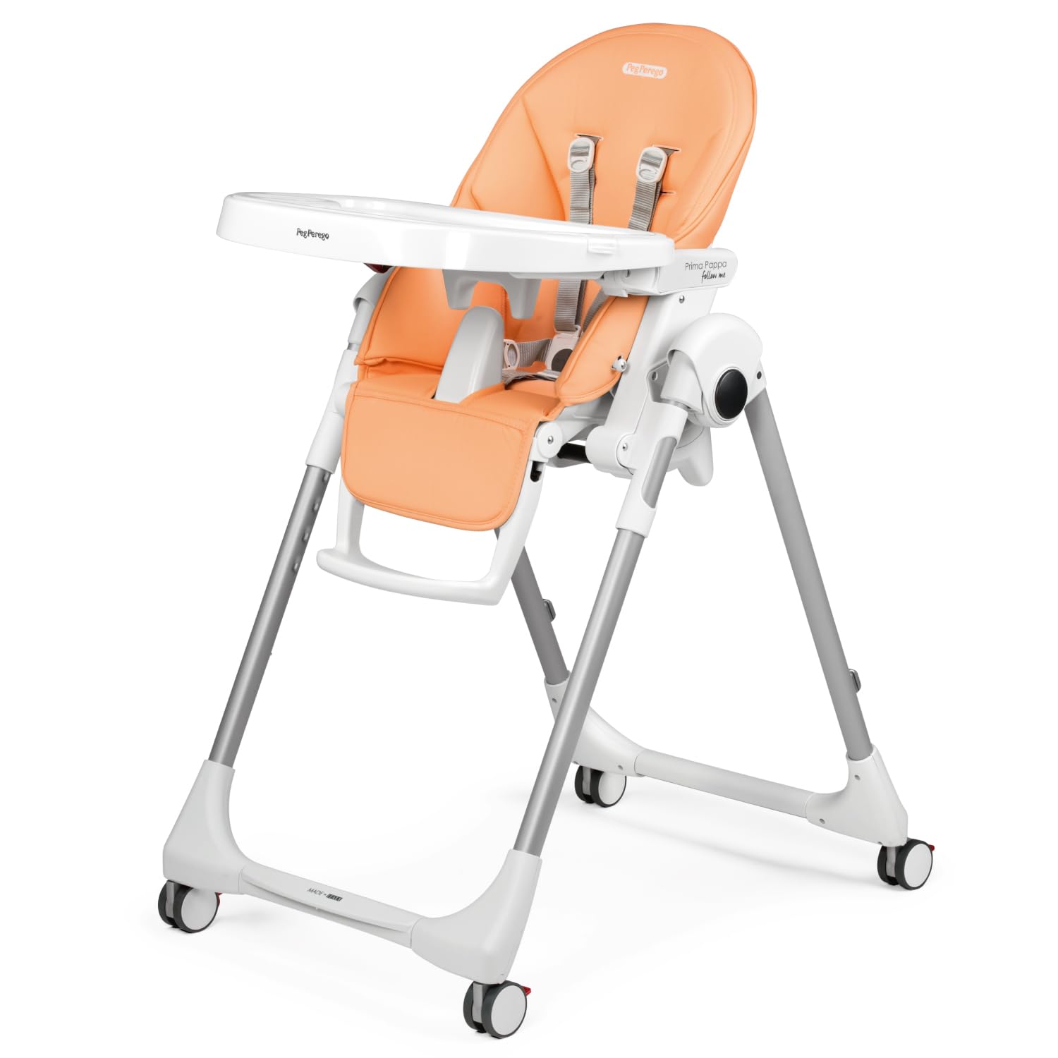 Peg Perego Prima Pappa Follow Me Seggiolone Pappa Neonati Reclinabile, Funzione Sdraietta, 4 ruote, Pieghevole e Ultracompatto, per Bambini da 0 a 3 Anni (0-15 kg), Peach