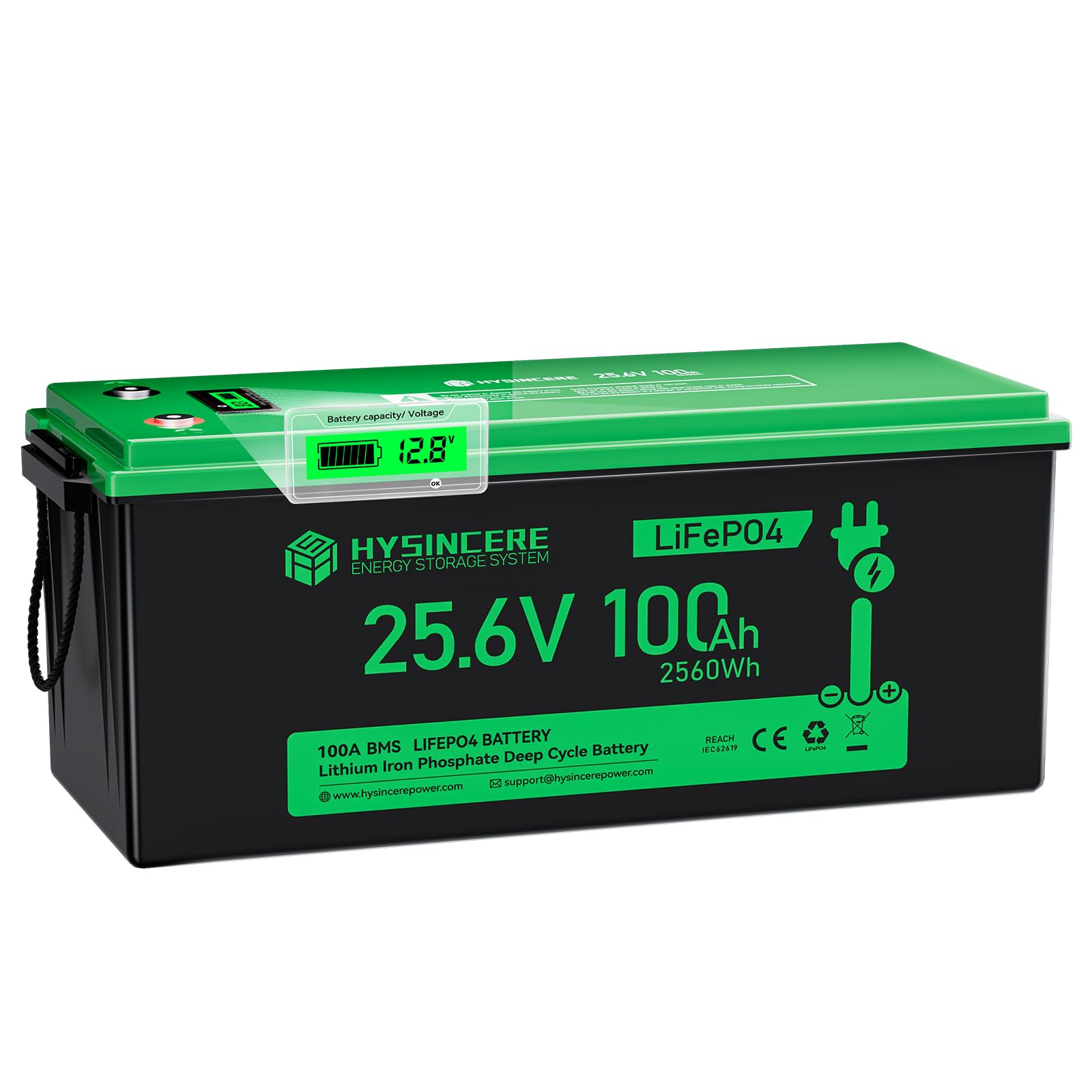 Batería de litio LiFePO4 100Ah 24V con LED, de larga duración (más de 4000 ciclos), 2560Wh, con protección BMS — para autocaravanas, embarcaciones, camping y sistemas solares.