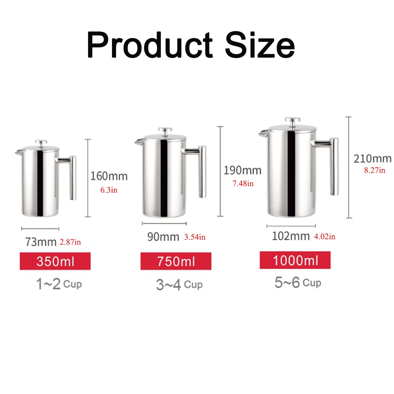 Cafetera Émbolo,Cafetera Francesa De Acero Inoxidable De Grado 304,Aislamiento De Doble Pared Y Pantalla De 3 Filtros,Cafetera De Piston Una Fácil Limpieza,Adecuada Para Camping,Prensa De Café Y Té