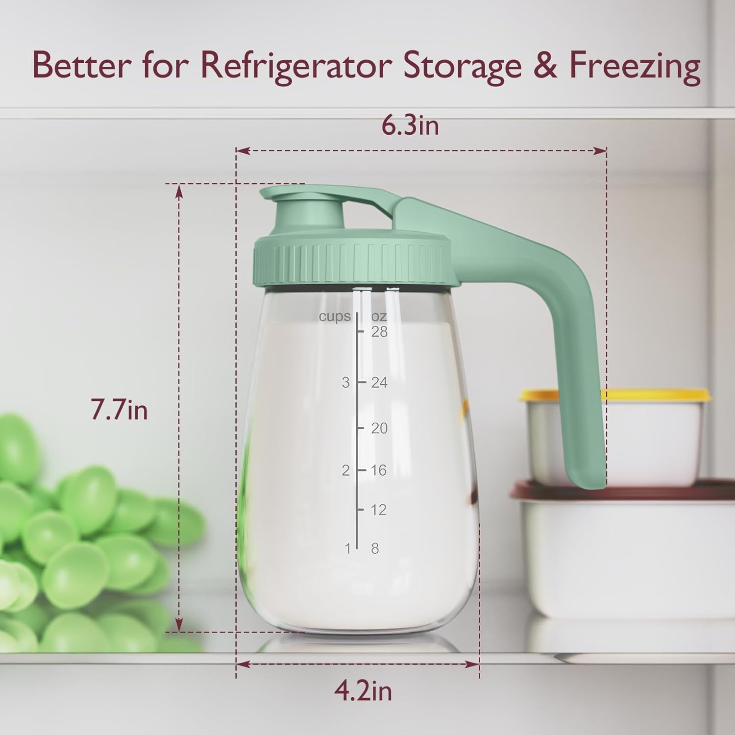 Momcozy Breast Milk Pitcher, Resistant to Heat and Cold Abrupt Temp Swings, No Leak Glass Breast Milk Fridge Storage Container with Wide Mouth, Fast Baby Formula Maker, Green - Image 3