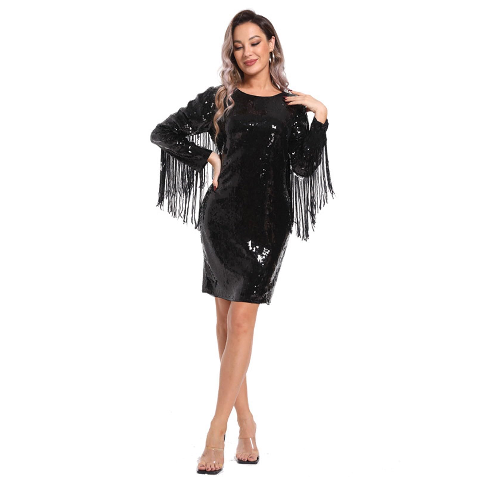 Vestido De Lentejuelas Mujer con Flecos Corto Curvy Sexy Elegante Fiesta Vestidos Brillantes Mujer Manga Larga Ajustado Ceremonia Cóctel Club Dress
