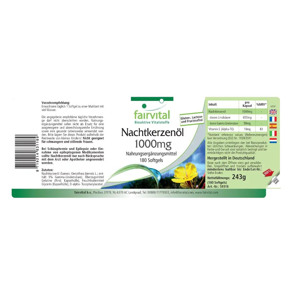 fairvital Nachtkerzenöl 1000 mg, 180 Softgels, Omega-6-Fettsäuren, 65% Linolsäure & 9% Gamma-Linolensäure, Für 1/2 Jahr, qualitätsgeprüft und hochdosiert