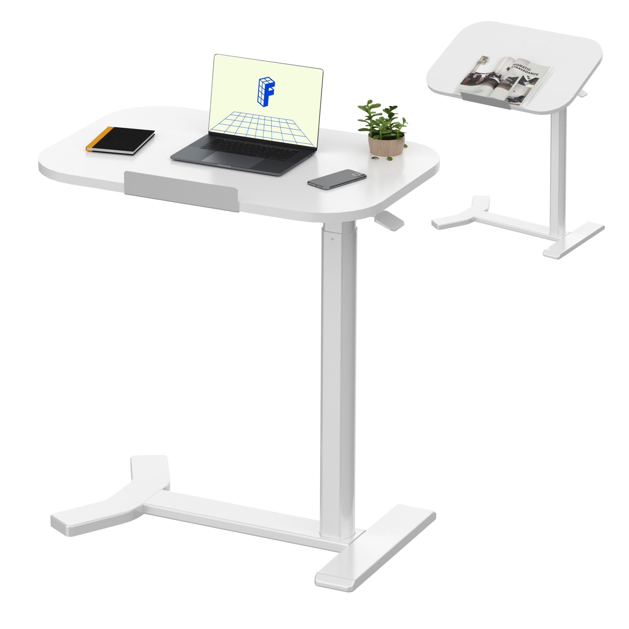 FLEXISPOT Overbed Table with Wheels, Adjustable Height Bedside Table, Rolling Laptop Desk for Bed Sofa, Small Standing Desk 60 x 40 cm, Mobile Computer Cart, H5 White