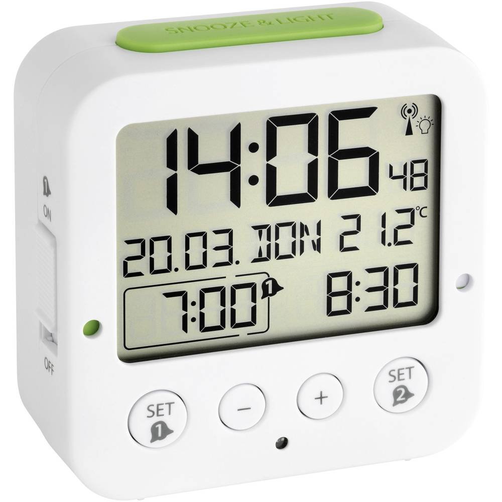 TFA Dostmann Orologio sveglia da comodino radiocontrollato Bingo, 60.2528.02, con fuso orario, due allarmi con suoni differenti, temperatura interna, illuminazione, digitale bianco