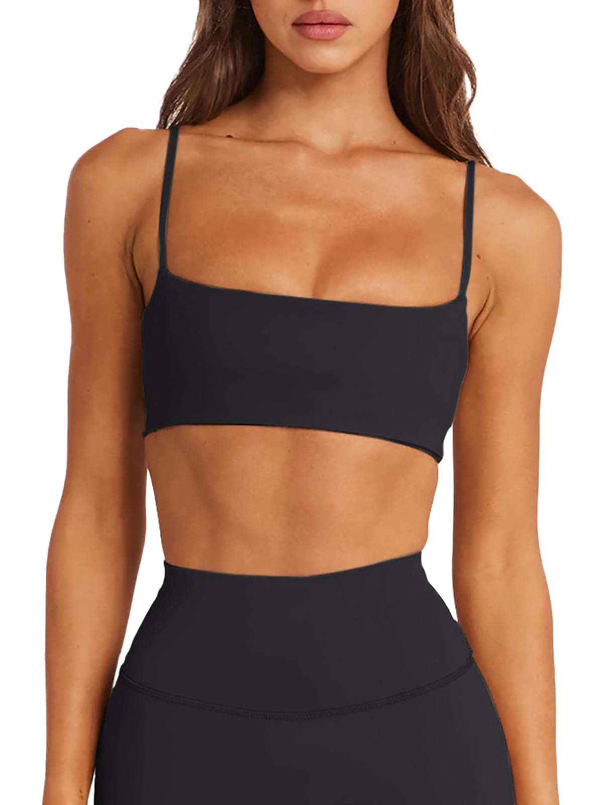 LASLULU Womens Adjustable Spaghetti Straps Sports Bra Square Neck Wireless Padded Workout Yoga Crop Tops