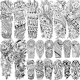 20 Sheets Maori Flower Full Arm Sleeve Temporary Tattoos For Women Adults Thigh, Half Arm Sleeve Tattoos For Men Prayer Rose Peony Florals Eagle Wolf Angel Wings, Black Halloween Fake Tattoo Stickers