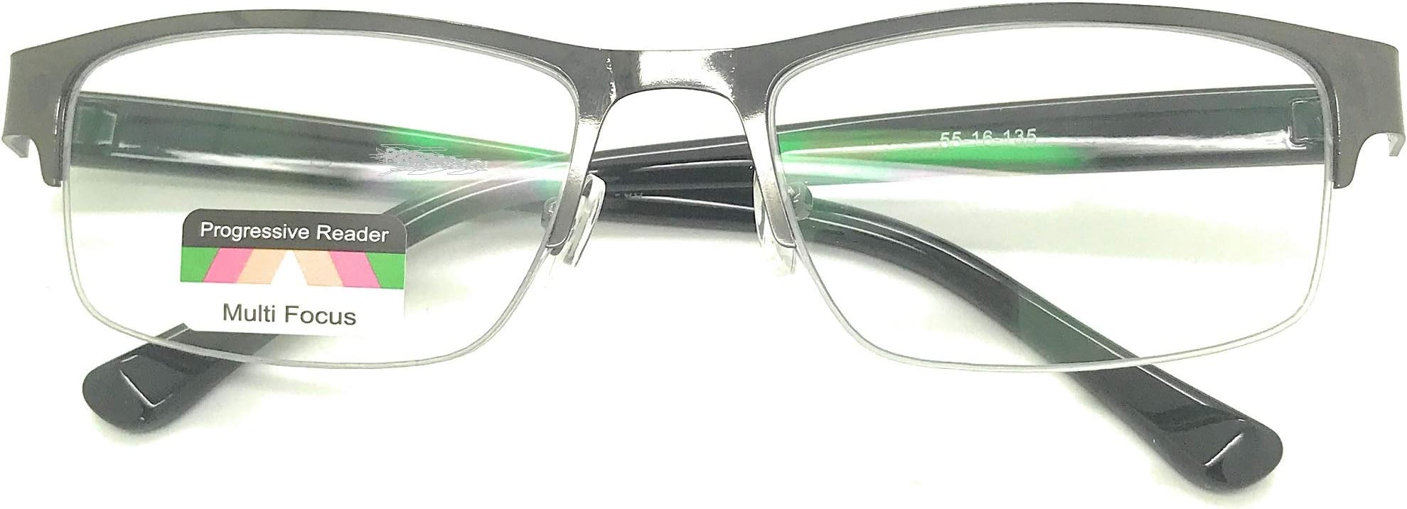 Clear Lens Half Metal Rim Rectangular Multi 3 Power Focus Progressive Reading Glasses