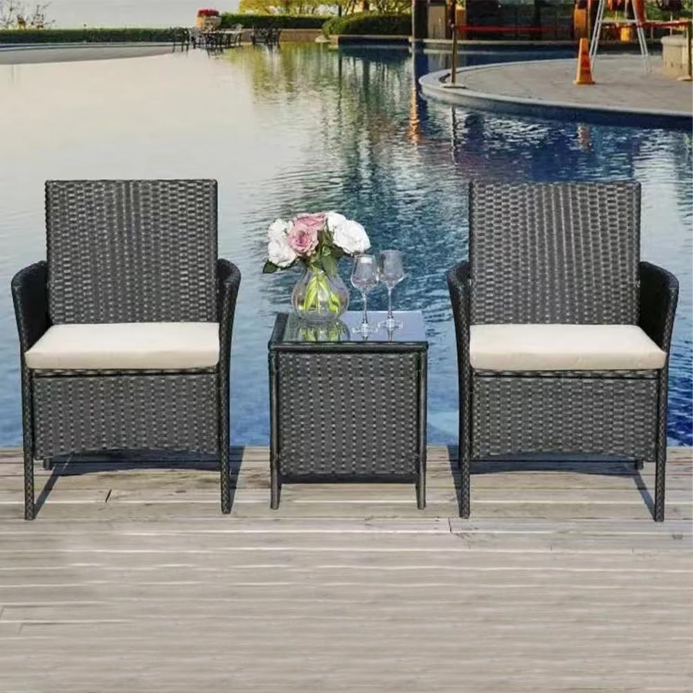 BAKAJI Set Salotto in Rattan con Tavolino in Vetro Temperato, 2 Poltrone e Cuscini Comfort Morbidi Beige, Arredo Terrazzo, Giardino, Esterni, Resistente Intemperie Raggi UV (Grigio Scuro)