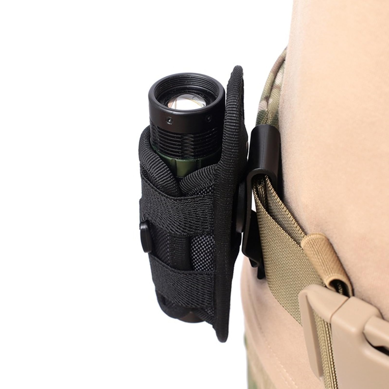 Porta Torcia Cinturone, Supporto per Torcia Tattica, Girevole a 360° per Escursionismo, con Sgancio Rapido per Caccia, Pesca in Campeggio, 15 x 5,5 cm, Nero