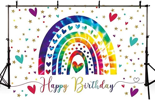 Miniatura 4 de Fondo de fiesta de cumpleaños de arcoíris bohemio de 7 x 5 pies para niña, feliz primer cumpleaños, fondo de fotografía, colorido amor, estrellas