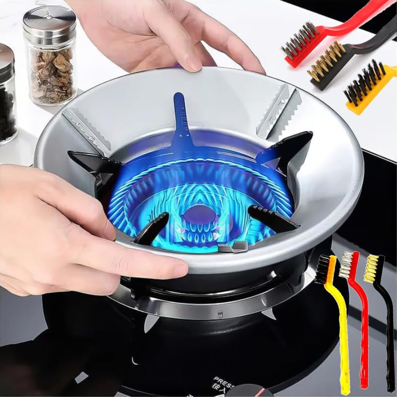 Gas Saver Burner Stand with cleaning brush set Gas Chula Burner Gas Saver Stand Jali Ring Fire & Windproof Energy Saving, Chula Support Stand 4 Legs Supported (SILVER, 1)-image-4