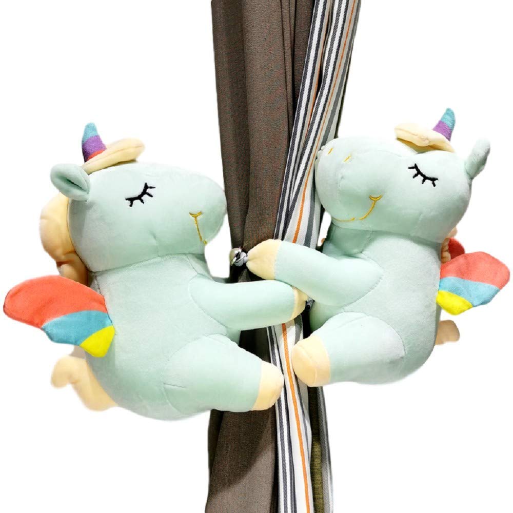 Unicorn Curtain Tiebacks,2Pcs/set lion Elephant Tiger Deer Fox Raccoon Animal Strap Curtain Hook Curtain Clip Tie back Accessories Curtain Buckle Children Room Decoration (25CM, Unicorn Green)