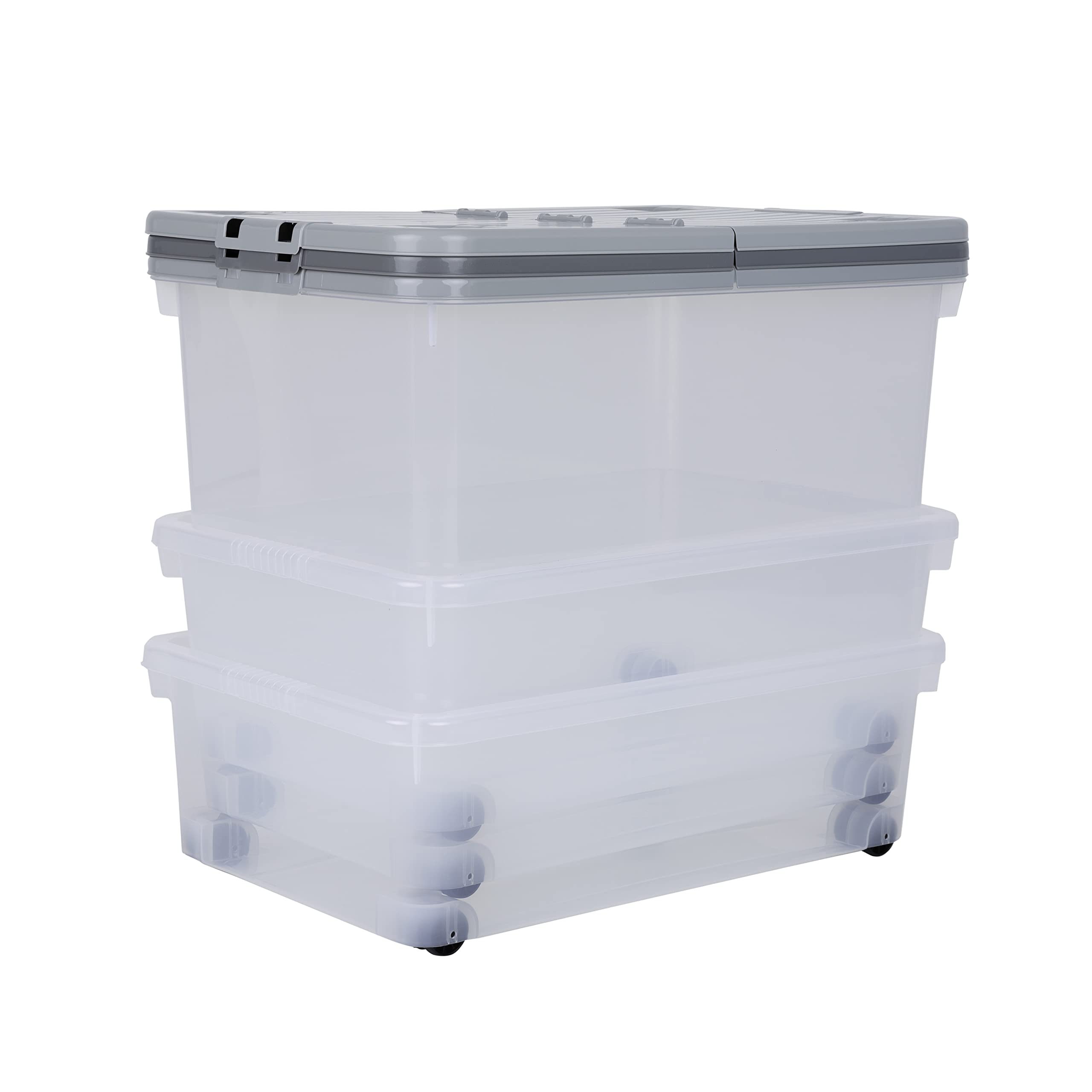 Wham Wheel 3-Piece Multisize Storage Box Set with Folding Lids & Wheels | 32L, 45L & 80L | Ideal for Home, Office, Toys & More | Medium & Large Boxes | Made in UK - Clear/Cool Grey