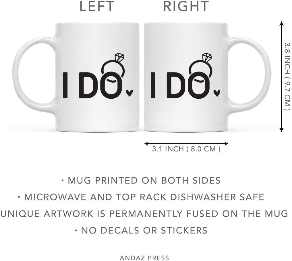 Andaz Press 11oz. Funny Coffee Mug Bride & Groom's Engagement Wedding Anniversary, I Do, I Do...What She Says, Ring Graphic, 2-Pack, Couple's Ideas