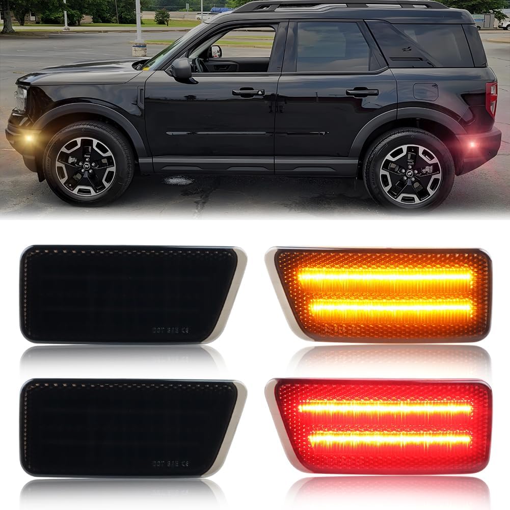 LED Side Marker Lights for 2021-2024 Bronco Sport, [Ultra-Bright] 2-Row Full LED Marker Lamps, Smoked Lens Front & Rear Bumper Reflector Lamps, Amber & Red LED Side Signal Lights, 4 PCS