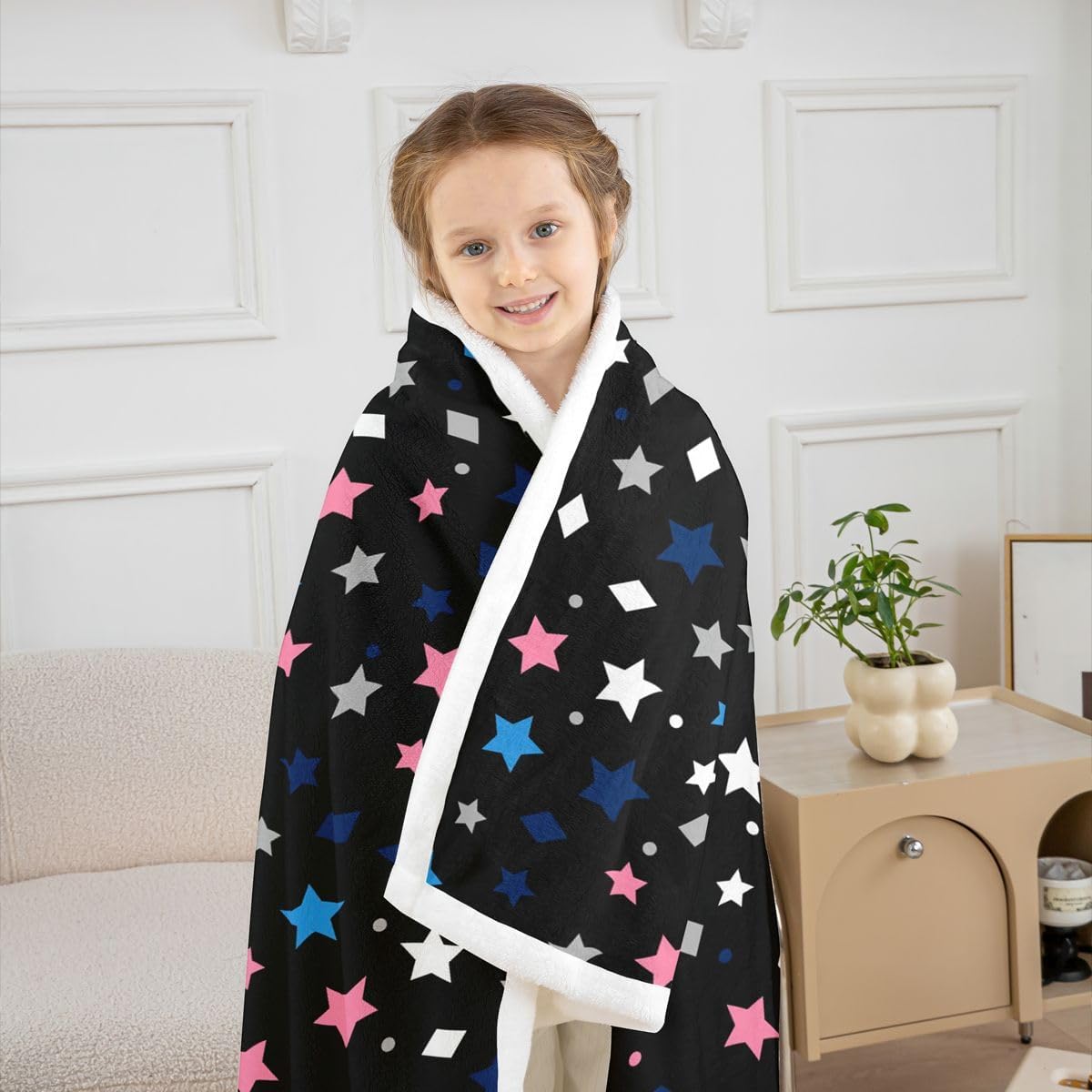 Feelyou Colorful Stars Print Sherpa Blanket Plush Fuzzy Black Red Fleece Throw Blanket Boys Girls Cute Star Decor for Bed Couch Chair Living Room Geometric Modern Bedroom Decor Twin 60"x80" image 5