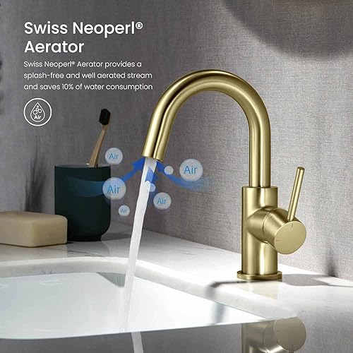 Miniatura 3 de KIBI Grifo de lavabo de baño de una sola manija con drenaje desplegable, boquilla de arco alto, construcción de latón macizo, cartucho de cerámica