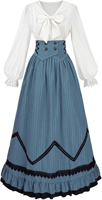 Nuoqi Womens Victorian Dress Costume 1800s Edwardian Costume Renaissance Blouse Skirt Set