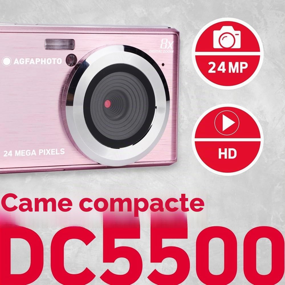 AgfaPhoto Realishot DC5500 - Appareil Photo Numérique Compact, 24 MP, Ecran LCD 2,4", Zoom Digital 8X, Vidéo HD 720p, Mémoire Externe SD, Batterie Lithium - Rose