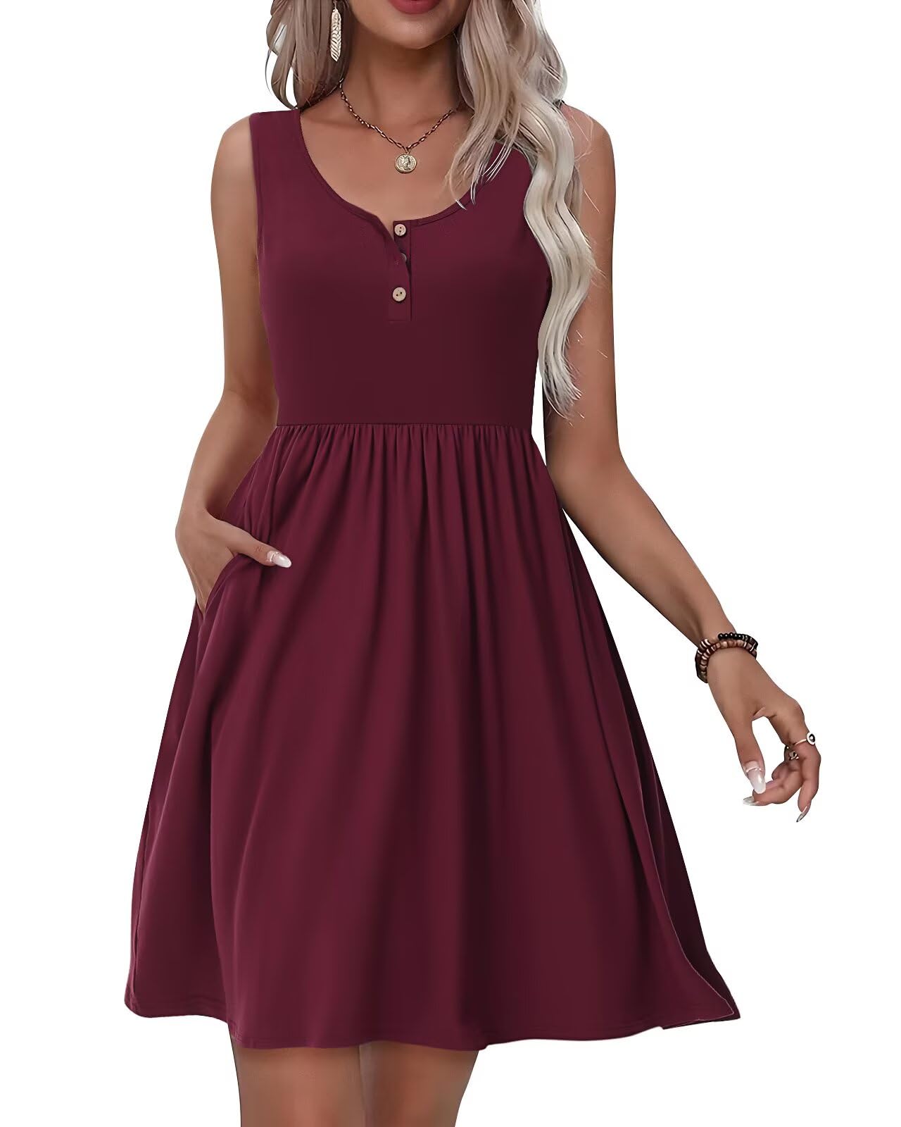 Tanmolo Kleid Damen Sommer Knielang Freizeitkleider Knopf Tank Kleid Mit Taschen Elastic Dress