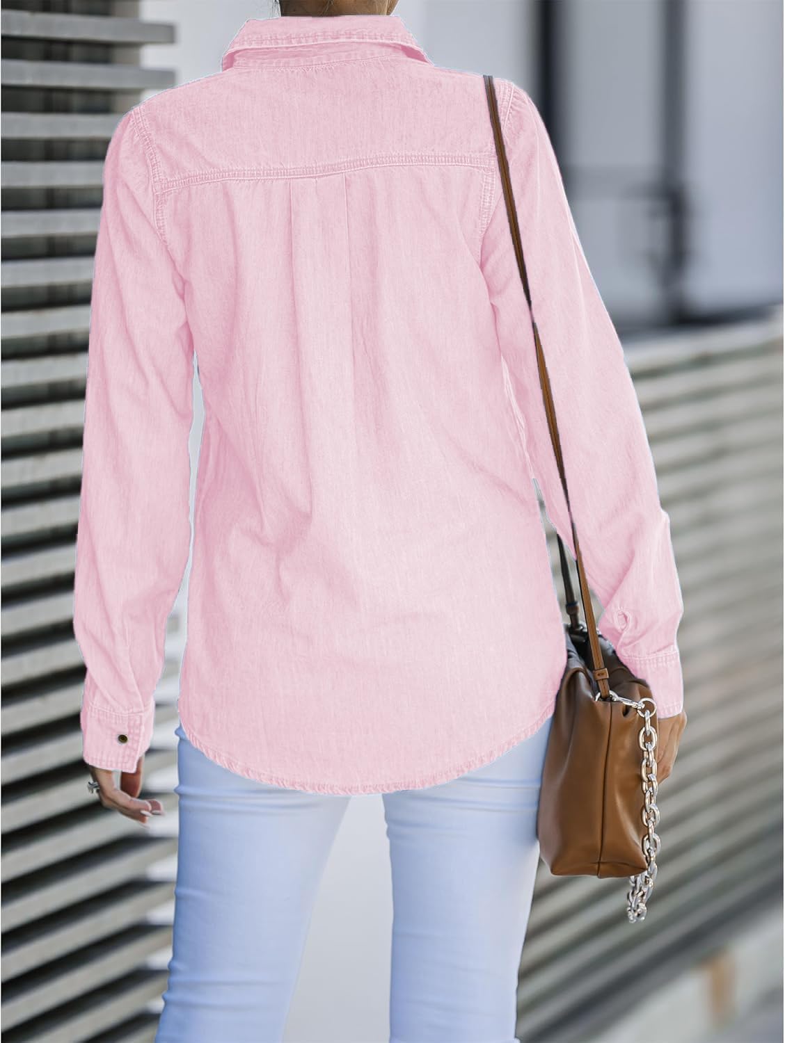 Denim Shirt Women Button Down Long Sleeve Chambray Western Jean Shirts Collared Casual Denim Tops - Image 4