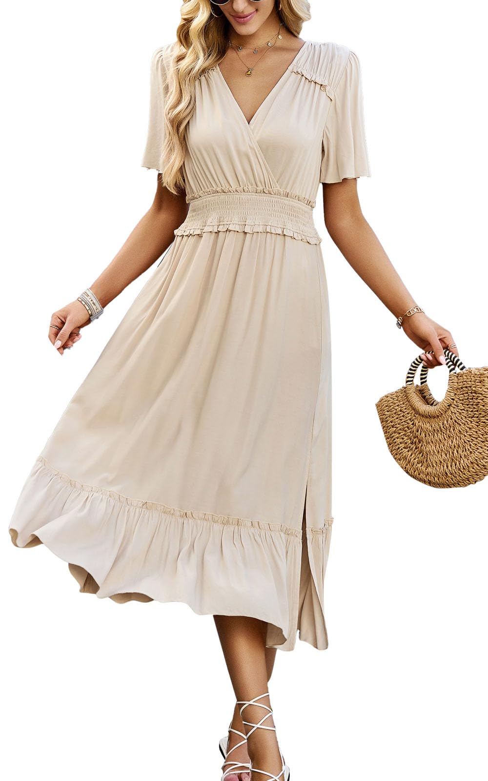 Women's 2023 Summer Midi Dress Short Sleeve V Neck Ruffle Smocked Dresses Elastic Waist Tiered Split Flowy Beach Long Dress