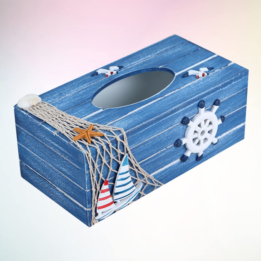 Scatola Fazzoletti in Legno Blu, Contenitore Decorativo Stile Costiero | Atmosfera Estiva, Organizza la Carta Finitura Resistente, per Tavolo Ristorante e Auto