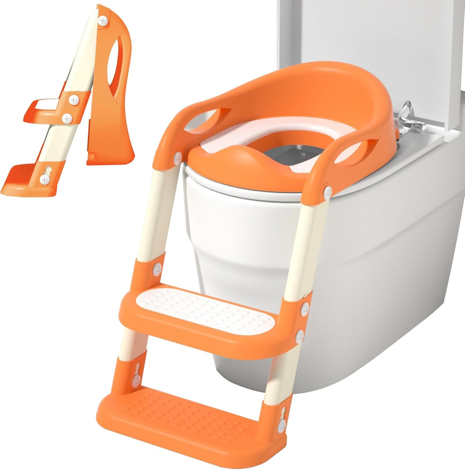 Portable Toddler Potty Training Seat with Step Ladder, Foldable Child Toilet Seat with Anti-Slip Design for Boys & Girls, Easy Step-Up for Home Use (Orange)