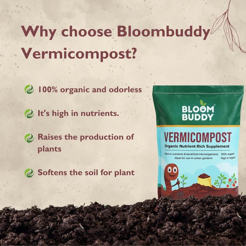 Image of Bloom Buddy Organic Vermicompost for Plants - 1kg | Odorless Manure for Home Garden, Terrace & Indoor Plants | Ready-to-Use Organic Compost Soil Enricher
