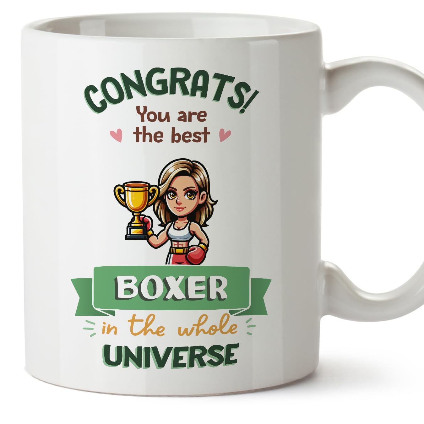 MUGFFINS Boxer Woman Mug - in English - Best in Universe Trophy - Funny Gift for Colleagues - Ceramic 11oz Mug