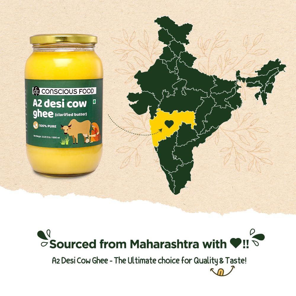 Conscious Food A2 Desi Cow Ghee - 33.814 Fl Oz (1L), Clarified Butter - 100% Pure and Premium, Cultured Ghee, Natural, Grass Fed Indian Cow, Non-GMO