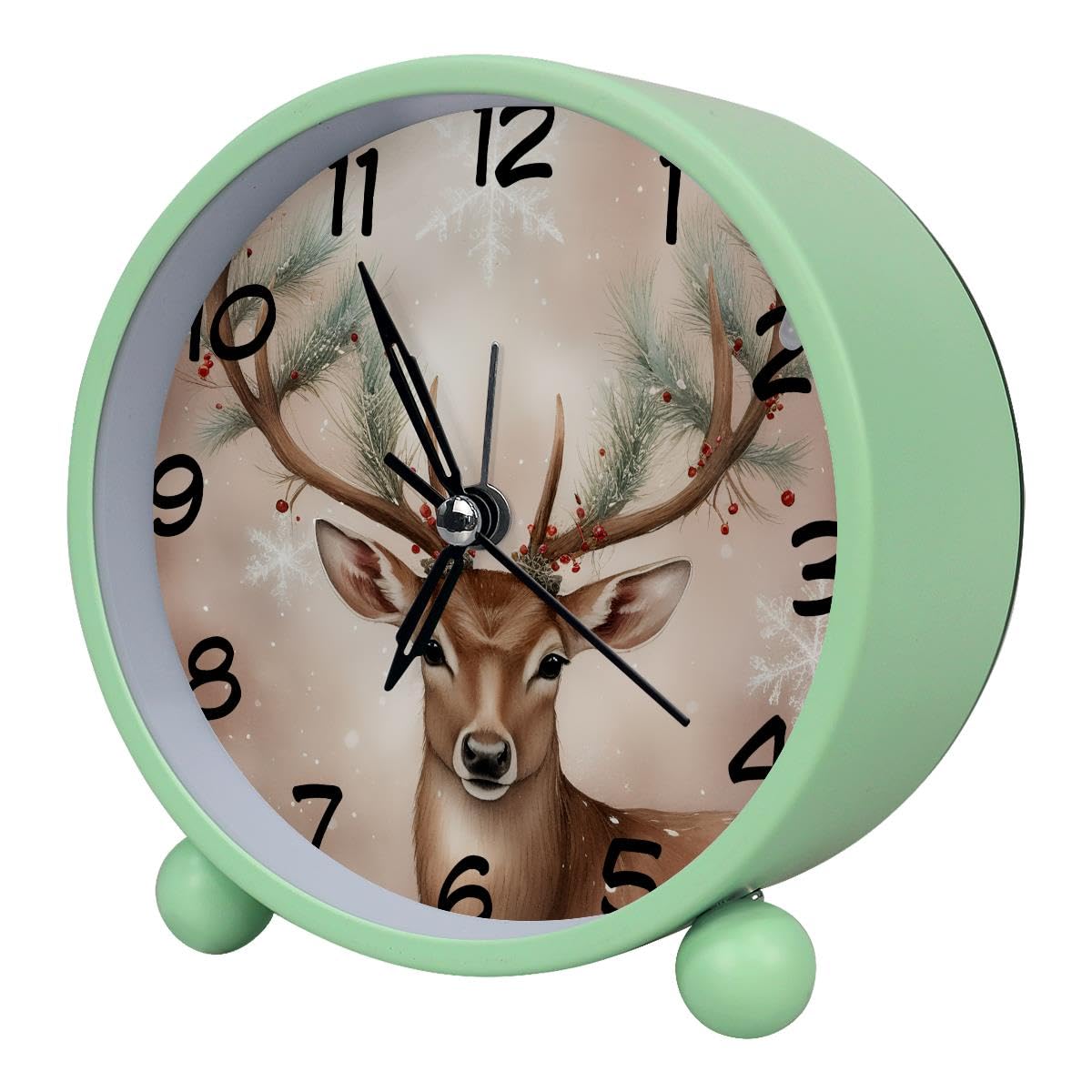 Luoweisi Analog Alarm Clock Xmas Deer Snowflakes, Silent Non-Ticking with Night Light, Battery Operated, Round Desk Alarm Clock for Office, Bedroom, Elderly, Adults, Children, Student Gifts