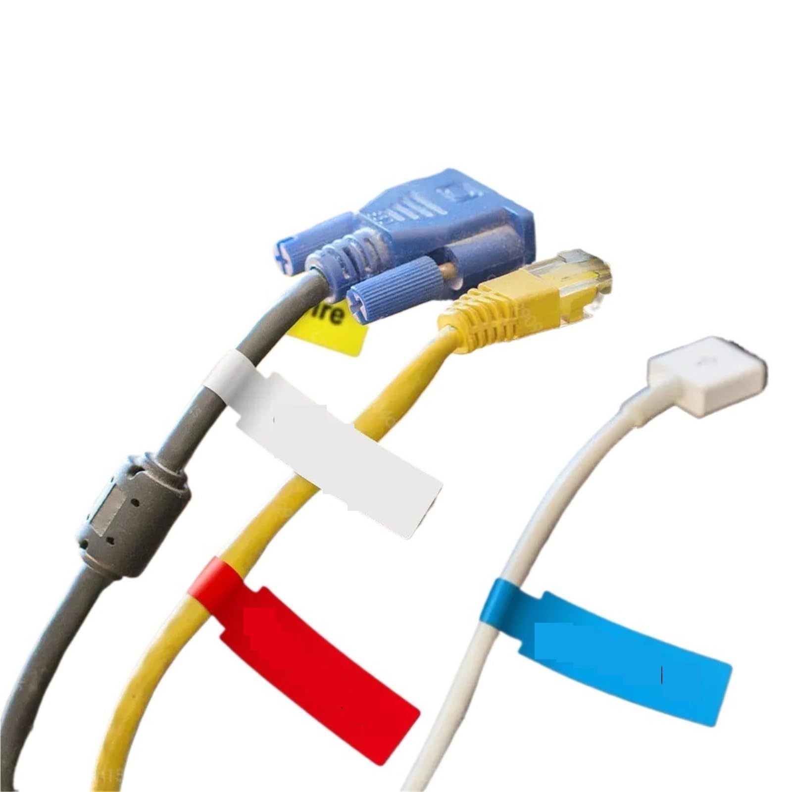 Juego de 10 etiquetas adhesivas de papel blanco para cable de alambre | Cable azul