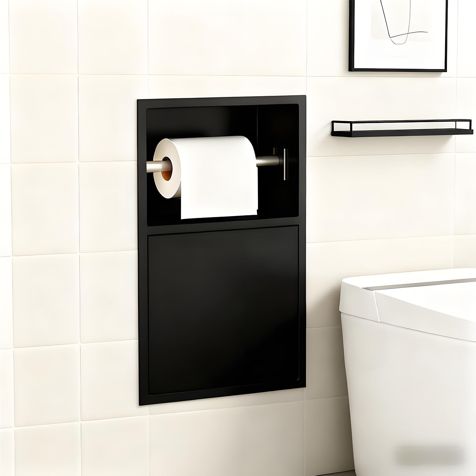 IYUESQ Recessed Toilet Paper Holder with Built-In Trash Can, Space-Saving Rack, Waterproof Organizer for Bathroom