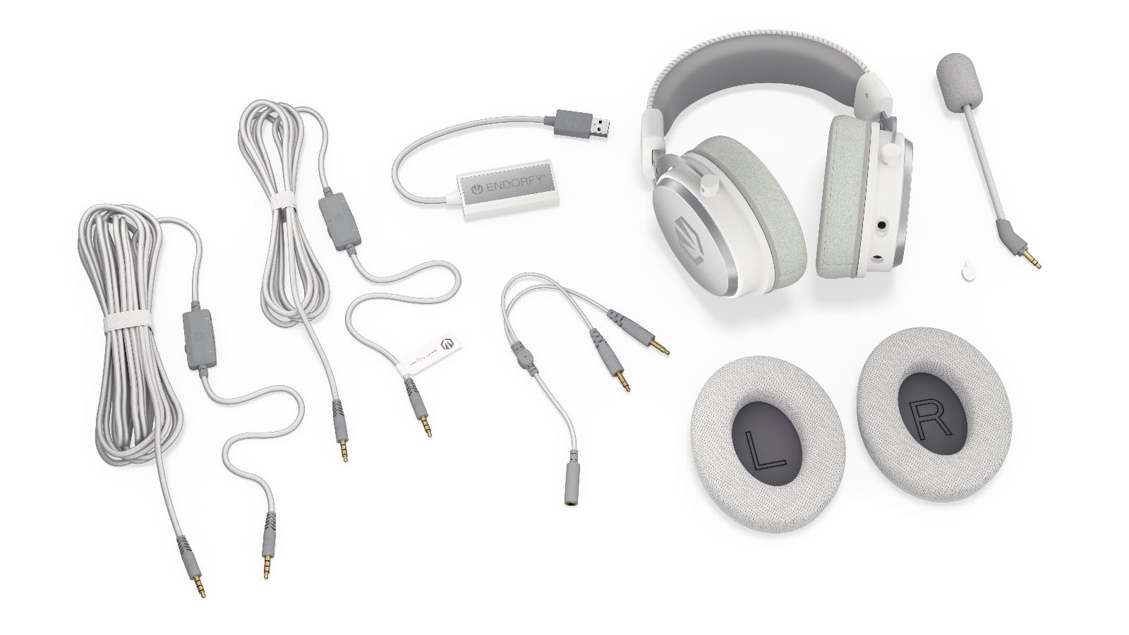 ENDORFY VIRO Plus USB Onyx White, Cuffie Over Ear, Coppia aggiuntiva di Cuscinetti in Tessuto, Microfono Staccabile, Cavo Staccabile, Scheda Audio USB 7.1, EY1A005