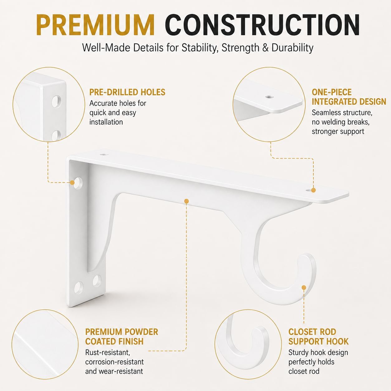 Closet Rod Brackets Heavy Duty Support 300 lbs (4pack White)