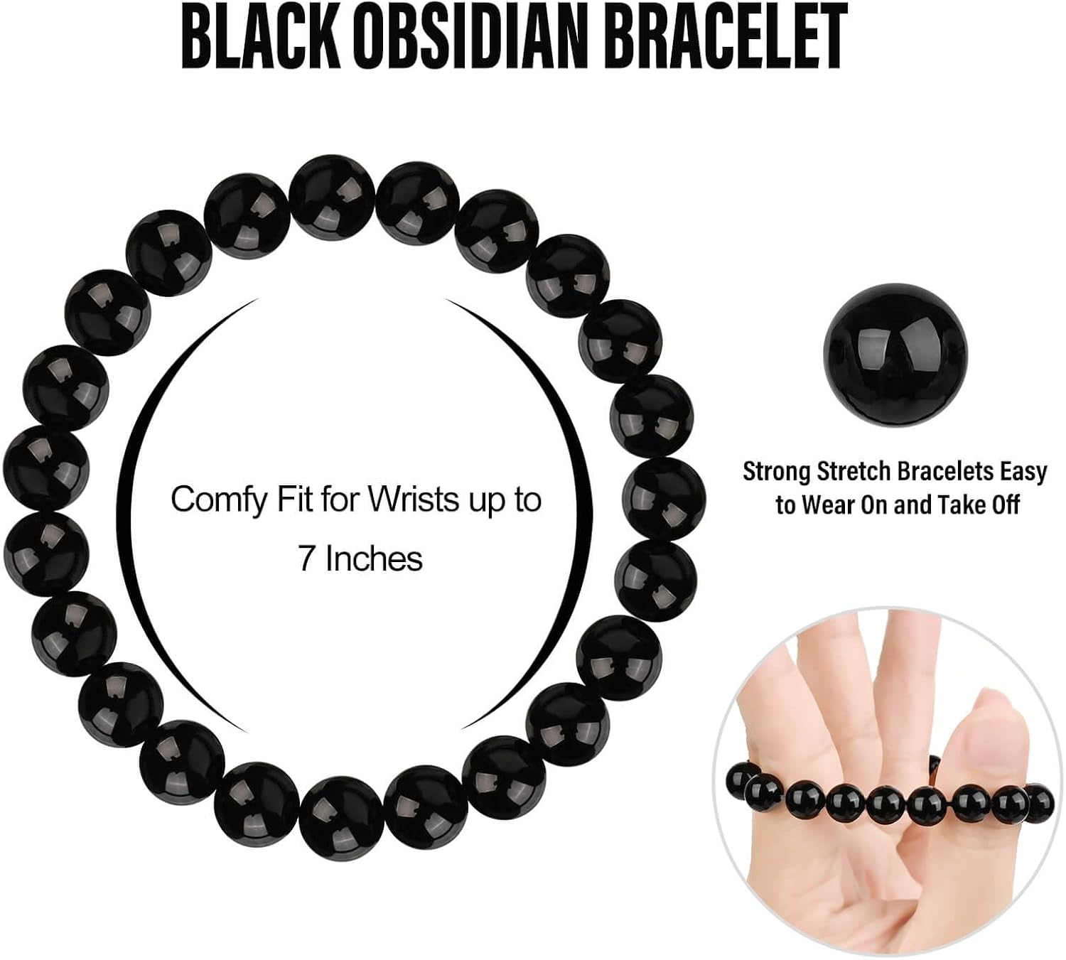 Obsidian Bracelet for Men Women, Black Agate Lava Crystal Bead Protection Grounding Stretch Bracelet, Handmade Beaded Stone Jewelry for Good Luck Courage Attract Money Wealth Prosperity Positive Energy Quartz Bracelets - Image 6