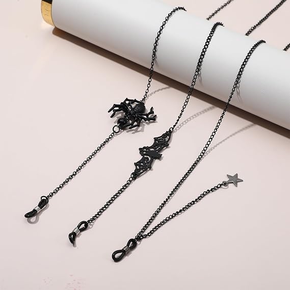 3 Pieces Gothic Glasses Chain with Pendants Goth Eyeglass Chain Halloween Metallic Chains for Glasses Around Neck for Women Men Gothic Eyeglasses Chains with Bat Pendants