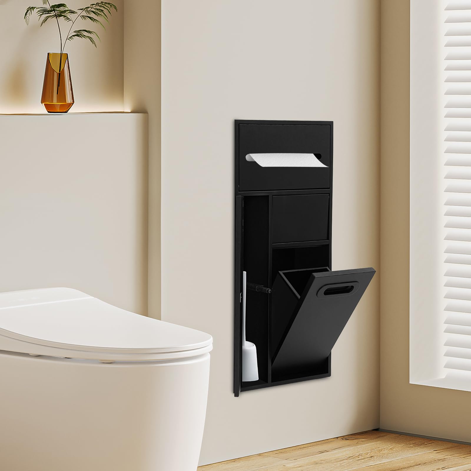 Toilettenpapierhalter Unterputz 3-in-1, Edelstahl Einbau-Mülleimer, Eingebaute Nische mit Toilettenpapier- und Bürstenhalterung, Badezimmer-Schrankmodul, 30x14x65 cm (Schwarz)