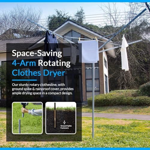 BLADO Rotary Washing Line - 4 Arm Outdoor Folding Rotating Clothes Dryer Heavy Duty Comes with Cover & Metal Ground Spike (50 M) - Image 5