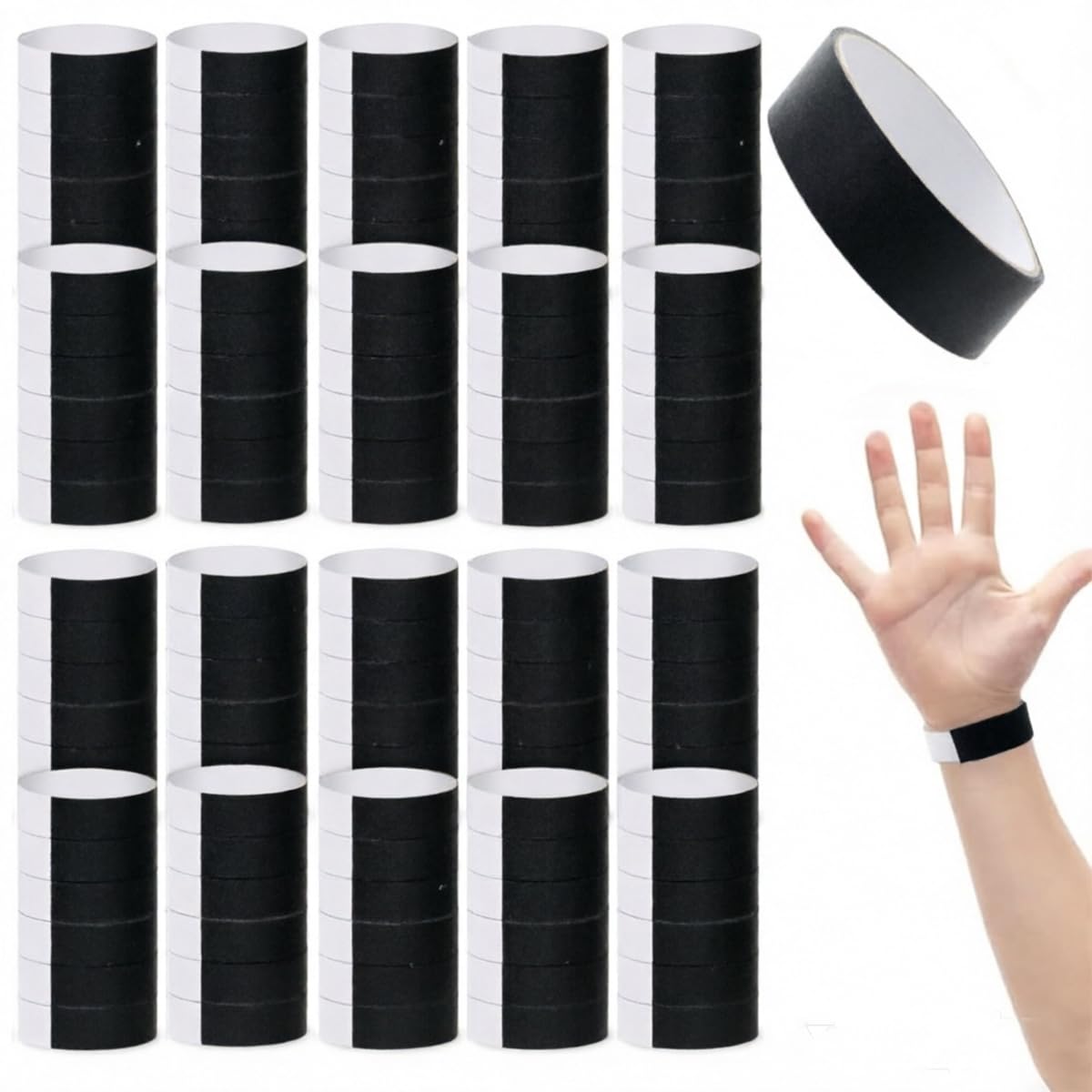 1000 Pcs Paper Wristbands for Events, Waterproof Colorful Adhesive Bracelets Wrist Bands for Party Events Music Festival Concert (Black)