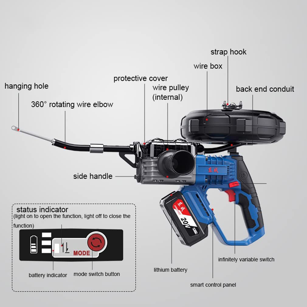 Macchina per infilare i cavi elettrici, macchina per infilare i cavi elettrici da parete completamente automatica da 800 W, velocità di cablaggio di 40 m/min, trazione di 600 Nm, con 2 batterie da 2