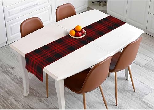 Miniatura 4 de HOSNYE Camino de mesa a cuadros rojo burdeos y negro, camino de mesa de lino de algodón para decoración de cocina, mesa familiar, mesa de comedor,