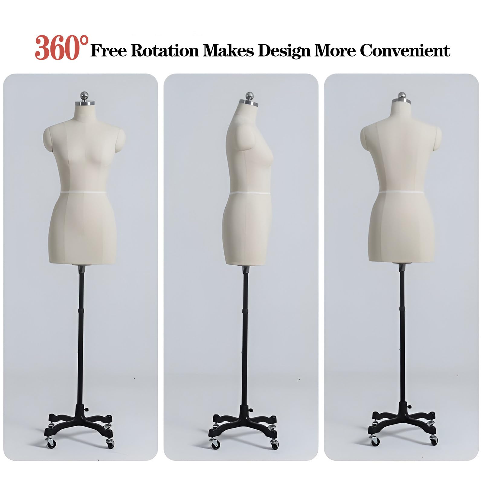 Manichino da cucito femminile, busto regolabile con braccioli, design su misura, ruote universali stabili